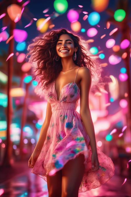 <lora:Brandon Woelfel Style:1>Brandon Woelfel Style - Hyper-realistic photography of a beautiful smiling 20-year-old Latina model (full body) in a floral dress with a pink umbrella, photo taken at night, in the background there are many colored light bulbs and streamer confetti running in the sky. Neon palm trees in the background. fish-eye photography, exquisite detail, sharp focus, intricate detail, long exposure time, f/2.8, soft backlighting, hyper realistic, unreal engine, realistic lens flare, cinematic lighting, studio lighting, beautiful lighting, accent lighting, global illumination, ray-traced global illumination, ray-traced reflections, lume reflections, screen-space reflections, anti-aliasing. Format 3: 5 instagram stories