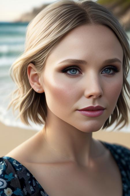 (sharp focus:1.2), photo,  kristenbell woman  (beautiful face:1.1), detailed eyes, luscious lips, (cat eye makeup:0.85),   wearing (romper:1.2) on a (beach:1.2).  (moody lighting:1.2), depth of field, bokeh, 4K, HDR. by (James C. Christensen:1.2|Jeremy Lipking:1.1). <lora:KristenBell:0.7>