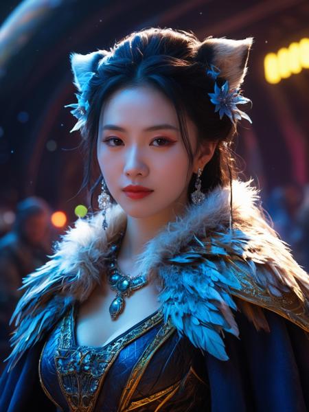 masterpiece,best quality,ultra-detailed,very aesthetic,absurdres,newest, 8k ultra-high resolution,realistic, Skin Textures, High Resolution, stunning beautiful, liuhaocun woman,jewelry,earrings, wearing animal costume , in A place off planet earth in a galaxy far far away Neon light by Thomas Kinkade and WLOP, Key Art, Fantasy Illustration, award winning, Artstation, intricate details  <lora:actress_ej_JuggXL_3:0.5>