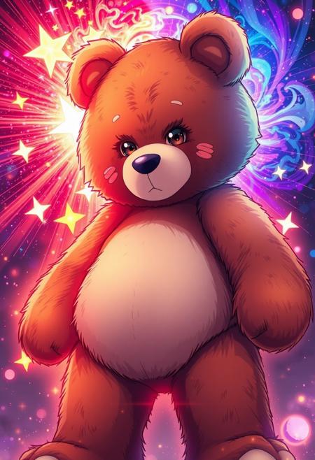 A striking, anime-style teddy bear stands tall, his piercing gaze intensified The left side of the image is ablaze with a radiant, five-pointed starlight, as if the very essence of the cosmos has been distilled into his being. A colorful show of magic ignites, bursting into a kaleidoscope of colors that swirl and dance in a mesmerizing display. The stars seem to pulse with an extraordinary power, as if he is drawing energy from the very fabric of the universe. Every detail of the scene is meticulously rendered, from the intricate, swirling patterns of the magic to the tiny, shimmering sparks that seem to dance around his being. The overall effect is one of breathtaking, celestial wonder, as if this anime male has harnessed the very essence of the stars within his being. highest-Quality, intricate details, visually stunning, Masterpiece