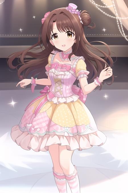 <lora:LegendGirls:0.85>LegendGirls, dress,(mini hat:0.9),yellow dress,purple dress, 
<lora:theIdolmSTERCinderellaGirls_v12:0.5>Shimamura Uzuki,brown hair, long hair, brown eyes, one side up, bow, , hair bow, half updo,medium breasts, 
masterpiece, best quality,1girl,