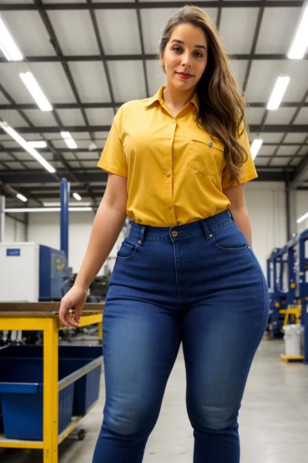 <lora:l0v3r4nd4l1n_v1:0@1, 0.95@1, 1@0>, high quality, high resolution, symmetry, work photo, (close shot), l0v3r4nd4l1n woman in jeans and working uniform at the factory, BREAK, wide hips