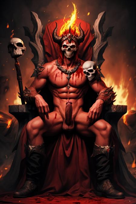 masterpiece, one man, devil, red skin, penis out, flaming eyes, blood, sitting on skull throne, embers, Satan, HDR 8K