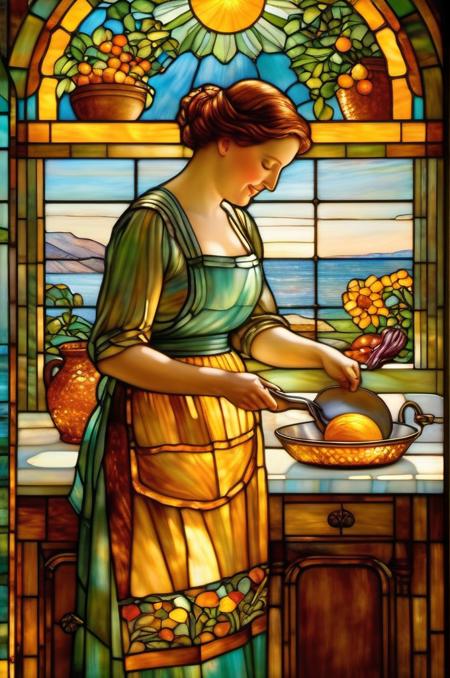 <lora:Louis Comfort Tiffany Style:1> Louis Comfort Tiffany Style, A highly detailed mother in her kitchen preparing meal, window sunny day, happy, smiling,