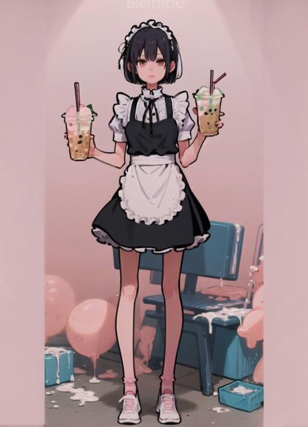 (bright pink background:1.2),1girl, solo,  simple background,  masterpiece,
looking at viewer, standing, full body, high contrast,
<lora:miyoshi_yoshimi-23:1> miyoshi_yoshimi, hair between eyes, bob cut, black hair, maid, maid headdress, apron, white oversized socks, frills, sneakers, long skirt, (holding bubble tea)