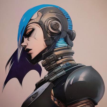 photo of evang style cyberpunk girl,  masterpiece, extremely detailed by Greg Rutkowski, symmetrical face, large breasts, short hair, hourglass shape, full body, cowboy shot