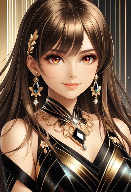 Super model, beautiful, light smile, UHD, 8K, masterpiece, detailed, ultra_high_resolution, lots of detail, long hair, YurYuna, red eyes, brown hair, modest, sfw, RetroBG, digitally enhanced gold and black dress, iridescent sheen, rainbow glow, luxurious, artistic, floral beauty print, natural elements, opulence, high resolution, digital art, visual aesthetics, contemporary design, vibrant colors, reflective surfaces, artistic composition, high contrast, elegant, intricate detailing, modern, futuristic