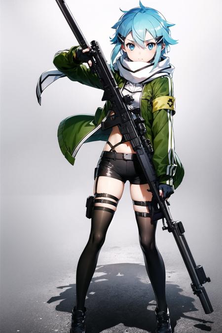 1girl, sinon, weapon, gun, scarf, solo, gloves, fingerless gloves, shorts, hair ornament, white background, rifle, short hair, ass, short shorts, blue hair, sniper rifle, hairclip, bullet, blue eyes, simple background, full body, black gloves, jacket, looking at viewer, green jacket, holding weapon, standing, anti-materiel rifle, holding, holding gun, white scarf, black footwear, standing,<lora:abec:0.8>