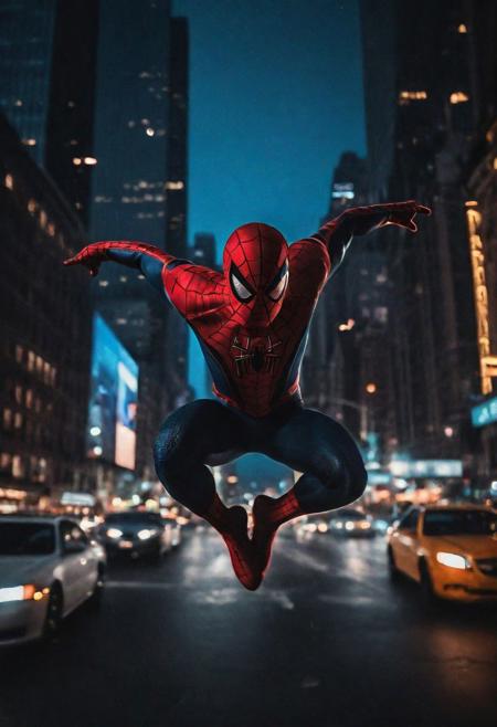 Portrait face Solo spiderman flying in new york , photograph ,pale beautiful photo, ultra detailedspiderman suit , night time, cinematic composition,  cinematic filtering
