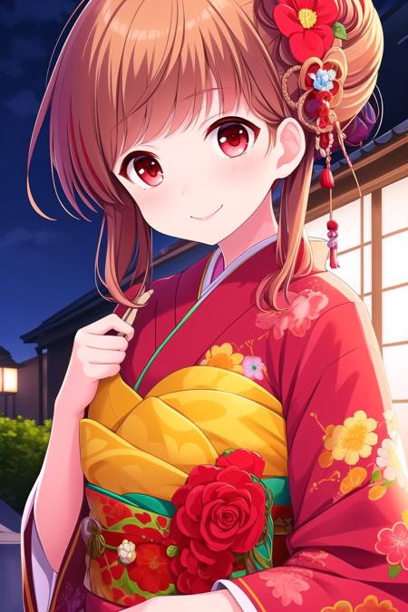 (masterpiece, best quality), highly detailed background, perfect lightingbest quality, amariakari, solo, outdoors, night, brown hair, two-tone hair, red hair, double bun, hair flower, hair ornament, red eyes, orange kimono, floral print, <lora:GoodHands-vanilla:1>, japanese clothes, smile, closed mouth, :), pink lips, <lora:Amari-Akari:0.7>