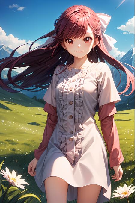 (exceptional, best aesthetic, new, newest, best quality, masterpiece, extremely detailed), rinshelter, 1girl, solo, rinshelter, smile, white_dress, pink_sleeves, hair_bow, white_bow, center_frills, skirt, mountainous_horizon, sky, grass, sun