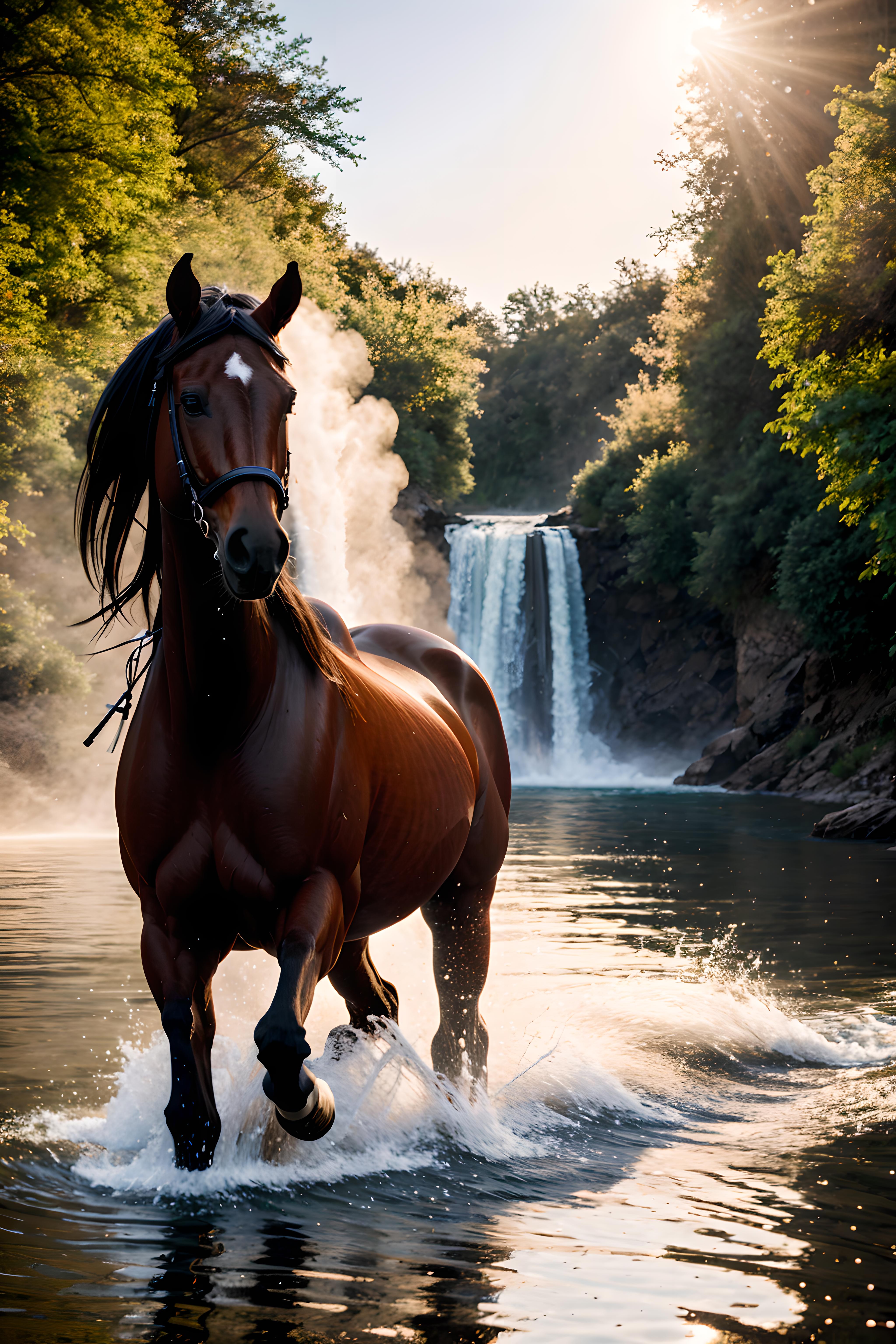 A brown horse with a black mane and headband walking through a river near a waterfall.
