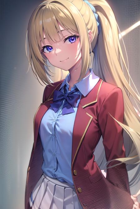 keikaruizawa, <lyco:keikaruizawa-lyco-nochekaiser:1>, 
kei karuizawa, long hair, bangs, blunt bangs, (purple eyes:1.1), blonde hair, shirt, hair ornament, ponytail, scrunchie, blue scrunchie, (small breast:1.2), <lora:sensualface_type2:1>, smile,
BREAK skirt, shirt, bow, school uniform, jacket, (red jacket:1.2), pleated skirt, bowtie, sweater, (blue bow:1.2), (blue shirt:1.2),
BREAK indoors, classroom,
BREAK looking at viewer, (cowboy shot:1.5),
BREAK <lyco:GoodHands-beta2:1>, (masterpiece:1.2), best quality, high resolution, unity 8k wallpaper, (illustration:0.8), (beautiful detailed eyes:1.6), extremely detailed face, perfect lighting, extremely detailed CG, (perfect hands, perfect anatomy),