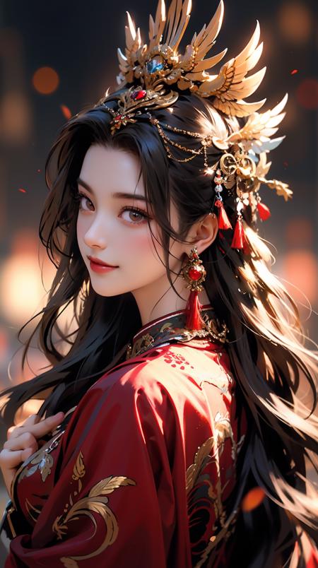 1girl, jewelry, earrings, solo, long hair, hair ornament, looking back, looking at viewer, red dress, black hair, upper body, closed mouth, blurry, dress, tassel, brown hair, feathers, from behind, chinese clothes, tassel earrings<lora:å¤å éå¸:0.6>,smile,