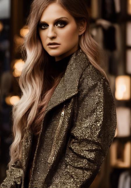 meghan_trainor_v1.0 (sharp focus:1.2), photo, attractive young woman, (beautiful face:1.1), detailed eyes, luscious lips, (winged eyeliner:0.85), (tight body:1.2), (dark hair:1.2), wearing (jacket:1.2) at a (shop:1.2). (moody lighting:1.2), depth of field, bokeh, 4K, HDR. by (James C. Christensen:1.2|Jeremy Lipking:1.1).