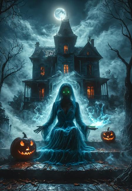hkmagic, ral-ertmsphr, aidmaHyperrealism, safe_pos, Haunted House Hijinks: Picture a haunted house, a large house, haunted mansion, where ghosts try to scare people away in the yard, ghostly apparitions haunting the yard. Illustrate these ghostly apparitions as glowing shining blue spirits, dead spirits, in the image of glowing blue ghostly cursed spirits, robes and evil faces, backdrop is the haunted mansion house decor gone awry. very detailed haunted mansion, ghostly green glow lights up the windows, the porch has fire-lit jack o lanterns, orange illuminated Halloween pumpkins with evil faces, BREAK  at a distance, scaled to size,  beautiful small woman sitting on the stairs in front of ghosts, with glowing red eyes, (dark skin:1.35) , glittery transparent cloth, sexy sitting pin-up pose on the stairs in the distance, holding an ancient book of magic surrounded by magical sparks, fantasy photography, hkmagic, BREAK cinematic, masterpiece, best quality, highly detailed, sharp focus, dynamic lightingdeep-blue night sky, detailed moon in the sky, BREAK award winning artwork,
many details, extreme detailed, full of details,
Wide range of colors., Dramatic,Dynamic,Cinematic,Sharp details
Insane quality. Insane resolution. Insane details. Masterpiece. 32k resolution. detailxl, ral-ertmsphr
<lora:ral-vbrntacyl-sdxl:0.8> ral-vbrntacyl <lora:add-detail-xl:0.8>   <lora:ral-ertmsphr:0.7> ral-ertmsphr  <lora:Fantasy Wizard & Witches:1.0>hkmagic