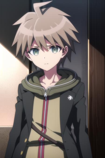 makotonaegi, <lora:makoto naegi s1-lora-nochekaiser:1>,
makoto naegi, short hair, bangs, brown hair, hair between eyes, (brown eyes:1.3), ahoge, male focus,
BREAK long sleeves, collarbone, jacket, black jacket, hoodie, hood down, green hoodie,
BREAK outdoors, classroom,
BREAK looking at viewer, (cowboy shot:1.5),
BREAK <lyco:GoodHands-beta2:1>, (masterpiece:1.2), best quality, high resolution, unity 8k wallpaper, (illustration:0.8), (beautiful detailed eyes:1.6), extremely detailed face, perfect lighting, extremely detailed CG, (perfect hands, perfect anatomy),