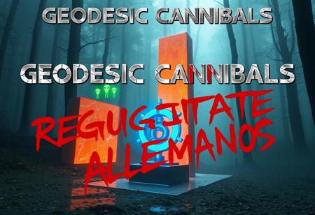 “A cinematic, high-tech scene with the Algiz rune and a glowing orange marble monolith set in a misty, Italian-inspired forest, captured with a Sony prime lens for vivid detail. The metallic, neon-blue rune stands beside the polished monolith, casting bold reflections across the forest floor. Two neon-green, floating aliens orbit the rune, radiating a spectral green glow. At the top, styled in classic hard rock fashion, the band name ‘GEODESIC CANNIBALS’ appears in rugged, cracked chrome text with sharp edges, evoking heavy-metal album covers, while the album title ‘REGURGITATE ALLEMANOS’ is scrawled beneath it in intense, blood-red letters, resembling spray paint or dripping ink. This raw, edgy aesthetic amplifies the scene’s mysticism and futuristic grit, blending supernatural elements with high-voltage rock energy.”