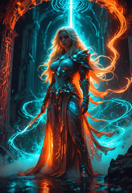 A fierce, ethereal female warrior with long, flowing blonde hair and a voluminous cloak and sexy armor stands in a misty, luminous labyrinth.  chiaroscuro, midjourneyv6.1, low-key, Neon Graffiti, Pixel Art, Luminescence, RGB Lighting, Low Angle, Orange Color, Teal Color, Prism Effect, Ceramic, Supernatural, By Garald Brom