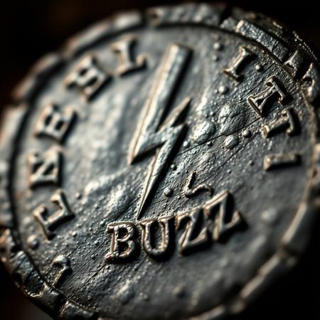 Closeup of a ancient Rome detoriated coin with lightning bolt symbol and text in ancient font saying BUZZ, realistic, masterpiece, dramatic light, depth of field