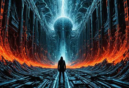 A split digital landscape, precisely divided into two opposing realms: half serene and half chaotic. On the left, a luminescent blue and white futuristic archive of infinite data unfolds. This side features ethereal figures composed of pure light, gently floating memory capsules, and majestic digital angelic beings, creating an atmosphere of cosmic order. On the right, a dark, infernal wasteland rages. It's filled with glitchy, fragmented visuals, intense red-orange flames, distorted screaming faces trapped within shattered computer screens, corrupted data streams, and monstrous, grotesque forms forged from warped social media icons. This side embodies digital chaos and despair. In the absolute center, a massive, omnipresent all-seeing eye, intricately constructed from glowing wires and luminous code, observes both realms with chilling intensity. A lone human figure, visibly torn and pulled apart, stands precariously between these two clashing realities. The image should be a masterpiece of digital surrealism, with dramatic cinematic lighting, rendered in ultra-detailed fidelity, drawing inspiration from the unsettling styles of H.R. Giger and Zdzisław Beksiński