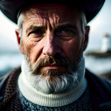 8k uhd, sharp focus, masterpiece, RAW photo, high quality, highres,
dark, deep shadow, award winning portrait photo of a rugged (old fisherman:1.3), (face focus:1.5), (storm:1.2), (waves:1.3), ocean, (lighthouse background:1.5), (cowboy shot:1.4), (white turtleneck knitted sweater:1.3), looking at viewer, realistic, masterpiece, highest quality, backlighting, (lens flare:1.1), (bloom:1.1), (chromatic aberration:1.1), by Jeremy Lipking, by Antonio J. Manzanedo, by lee jeffries nikon d850 film stock photograph 4 kodak portra 400 camera f1.6 lens rich colors hyper realistic lifelike texture dramatic lighting unrealengine trending on artstation cinestill 800