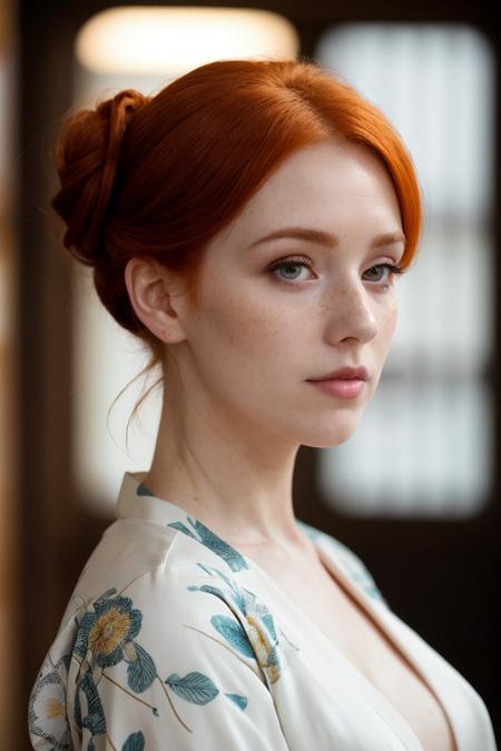 irish ginger milf, updo, kanzashi, kimono, pale skin, [freckles], close-up, face focus, pov, looking at viewer, indoors, (small breasts, flat chest), bokeh, (masterpiece, best quality, high quality, highres, )