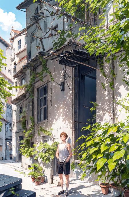 solo, outdoors, plant, tree, shorts, day, black shorts, 1boy, house, male focus, sky, building, scenery, shirt, standing, grass, shadow, potted plant, white shirt, socks, blue sky, brown hair, shoes, short hair, black footwear, sleeveless, wide shot, wall, window, white socks, looking at viewer, 1girl, best quality  <lora:watercolor imagerya:0.78>