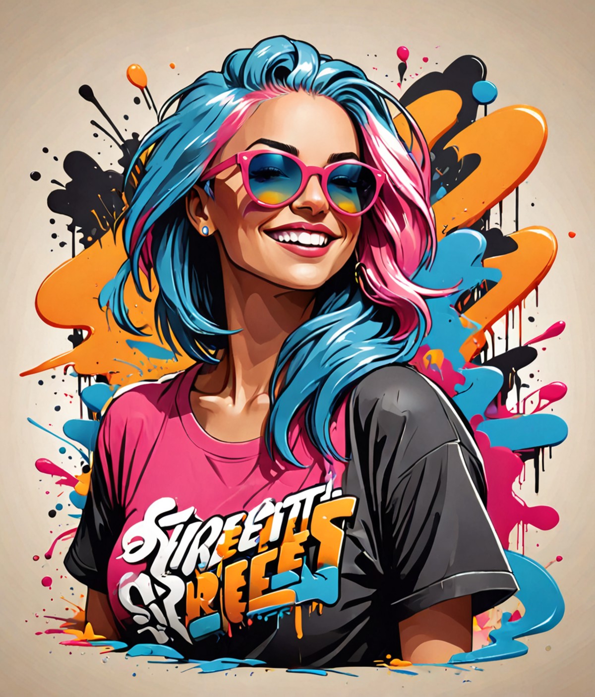 t-shirt_design, ("STREET" text logo:1.3), beautiful fricky smiling woman in pink sunglasses with blue hair, wind blows her...