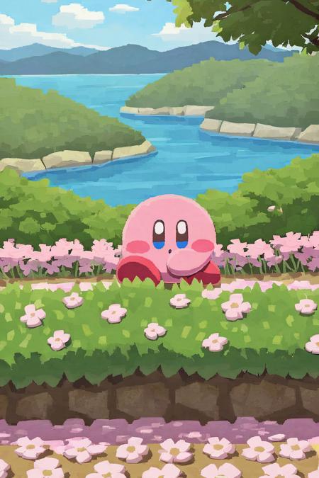 AAra love kirby style, kirby, outdoors, grass, no humans, tree, petals, blue eyes, day, cherry blossoms, rock, sky, water, solo, scenery, blue sky, river, nature, plant, bush, cloud