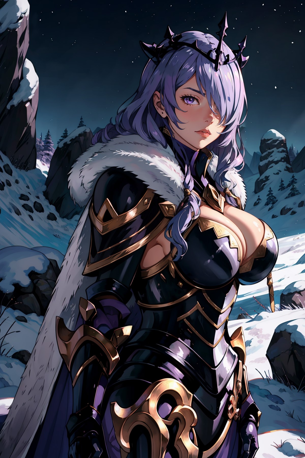 masterpiece, best quality, brvCamilla, crown, cape, armor, gloves, fur trim, upper body, huge breasts, looking at viewer, ...