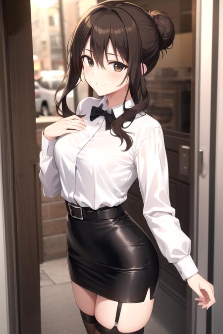 Nase Yaeka brown hair,long wavy hair,single hair bun,hair intakes,sidelocks,hair between eyes,bangs,brown eyes collared shirt,white shirt,large breasts,long sleeves,belt,pencil skirt,black skirt,garter straps,black thighhighs,high heels