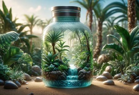 A hyper-realistic image of a jungle oasis encased in a wide glass bottle that is in the middle of a desert, 
cinematic lighting, 
Miki Asai Macro photography, 
close-up, 
hyper detailed, 
trending on artstation, 
sharp focus, 
studio photo, 
intricate details, 
highly detailed, 
by greg rutkowski