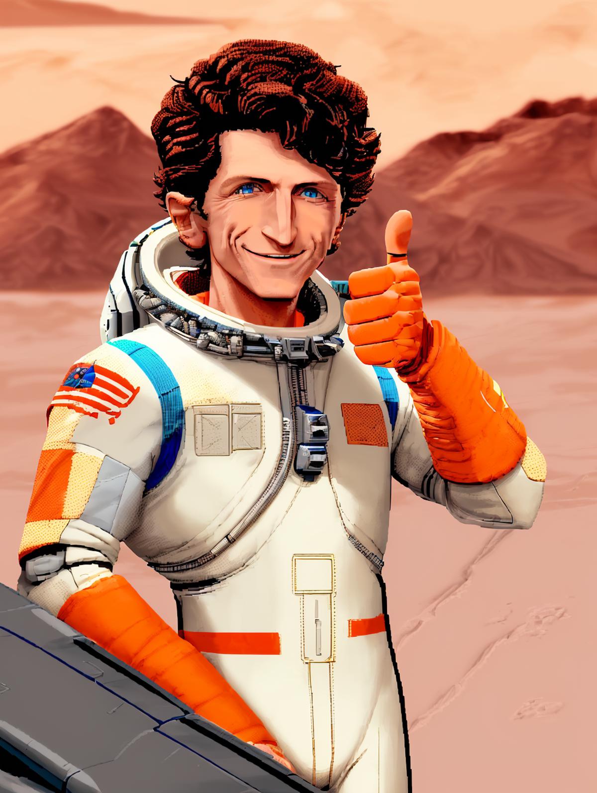 A cartoon illustration of a man wearing a space suit and giving a thumbs up.
