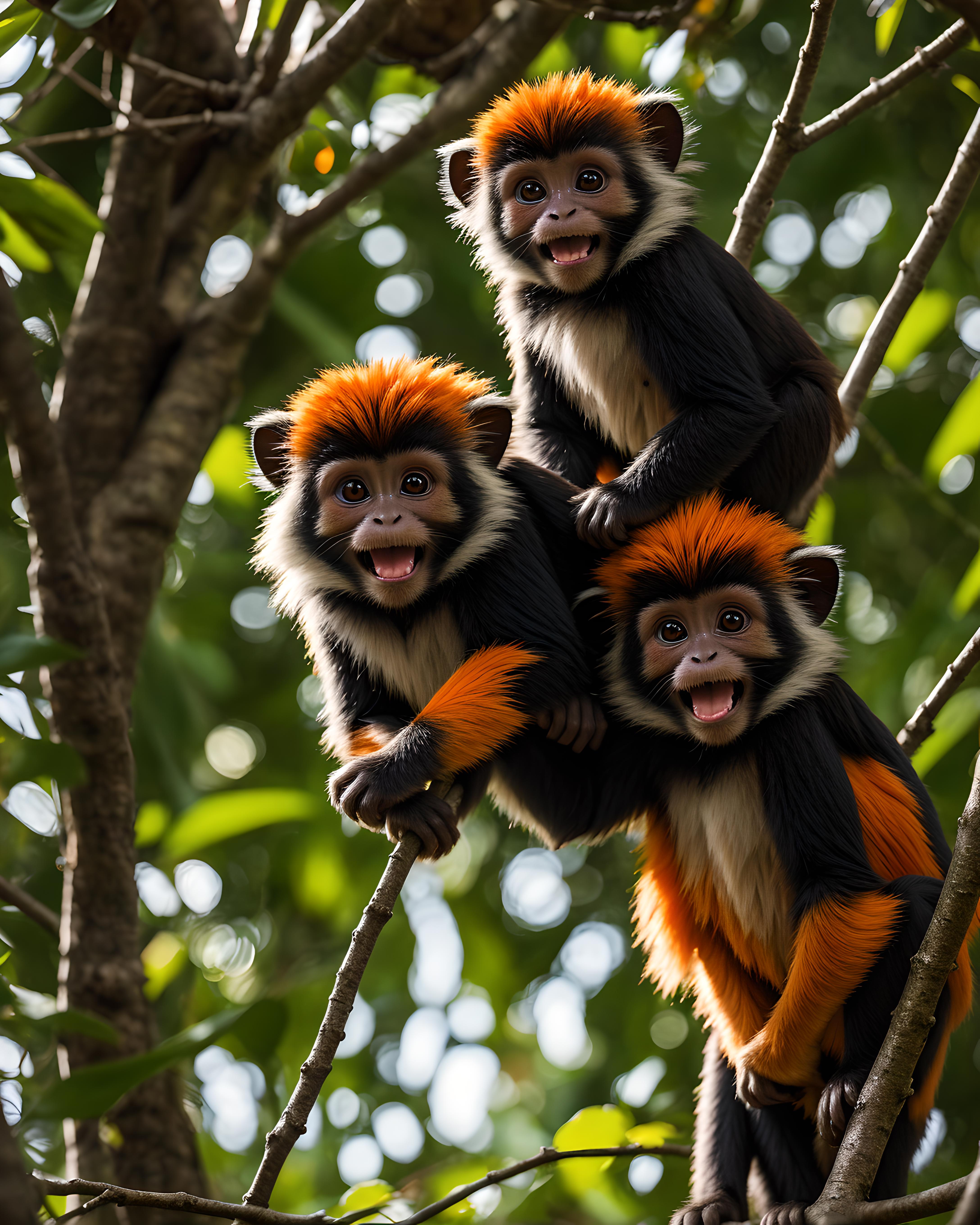 Three playful monkeys sitting on a branch together.