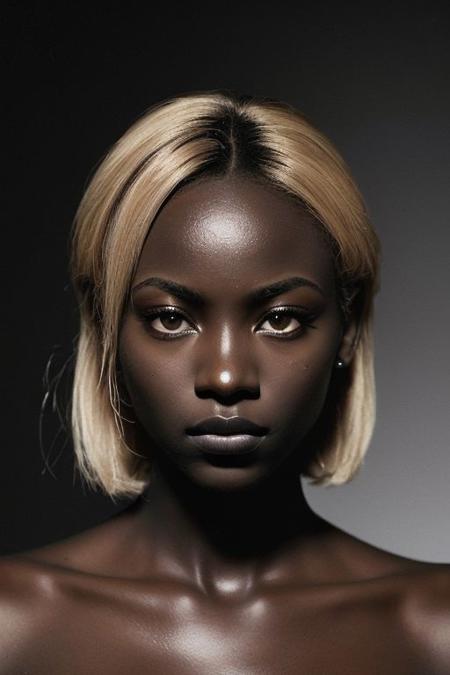 (an sexy african girl, 24 years old, blonde hairmedium tits,nipple peircing, big lips ,wide-set, expressive brown eyes , oval face shape  , NSFW, (best quality, high quality, photograph, hyperrealism, masterpiece, 8k:1.3), mestizo, burly, blonde shaggy hair, dark skin, serious looking, (low-key lighting, dramatic shadows and subtle highlights:1.1), adding mystery and sensuality, trending on trending on artsy, concept art, (shot by helmut newton:1.1), rule of thirds, black and white, modern , realistic skin , realistic body