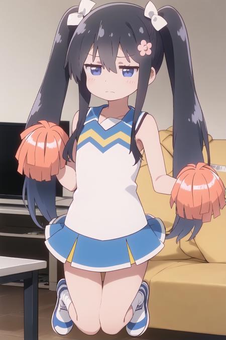 1girl, watahana, frown, (empty eyes:1.1), jitome, twintails, flat chest, 
hair ornament, hair flower,
cheerleader, white dress, (pom pom \(cheerleading\):1.1), (jumping:1.1),
indoors, living room, viewfinder
<lora:Wataten_Hana-v20:1> <lora:Eye_Jitome_v2:1>