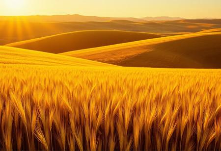 "Rolling Hills with Wheat Fields in Golden Hour"
Painters: Don Eddy (vivid textures in wheat), Adolfo Fernandez Rodriguez (soft light on hills), Doug Bloodworth (deep, cinematic shadows).
Description: Golden wheat fields stretching across rolling hills as the sun sets, each stalk catching the warm light, with crisp, defined textures and rich shadows.