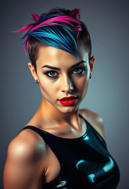 A captivating portrait of a 25-year-old Caucasian woman, exuding confidence and allure. Her striking, asymmetrical pixie cut, highlighted with bold streaks of neon pink and electric blue, is styled in a sleek, modern manner. Her makeup is dramatic and sultry, with smoky eyes and a deep, matte red lip. She's dressed in a form-fitting, black latex dress that accentuates her curves. The image, captured by a skilled photographer, is enhanced with dramatic lighting and sensual filters to highlight her youthful beauty and rebellious spirit.