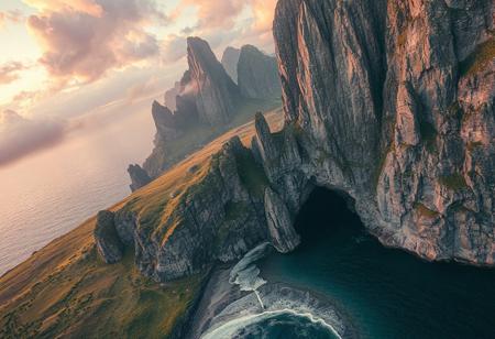 Fantasy scene, bird's eye view, seashore, looking from the shore to the land, vertical towering mountains like they were cut out, cave, near the shore of the mountains in the gap leads to the depths of the cave, pillar, between the gap of the mountain rocks like a pillar to support the plains above, plain, the mountains above the grassy plains, huge lake, the huge lake is located in the plains above the mountains, in the evening, cloudy, pink skies, the lake reflecting the evening sunset and the clouds