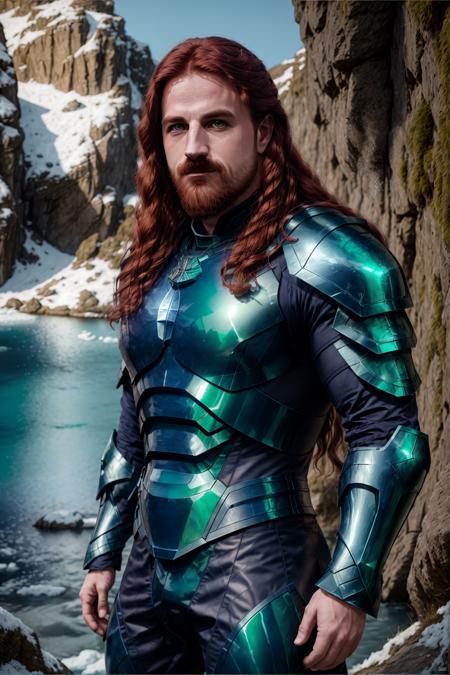 <lora:dnlrx_v1-000009:1> dnlrx, masterpiece, best cinematic quality, photorealistic highly detailed 8k raw photo, volumetric lighting, volumetric shadows, muscular redhead man in dark blue paladin armor, dynamic pose, long curly hair, green eyes, frozen lakeside background