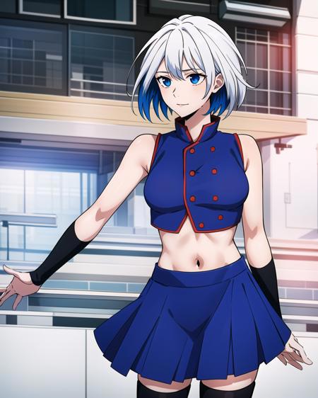 kaylakaslana, white hair, multicolored hair, blue eyes, blue sleeveless crop top with red edgings, midriff, blue skirt, zettai ryouiki, black tights, black boots, black arm sleeves