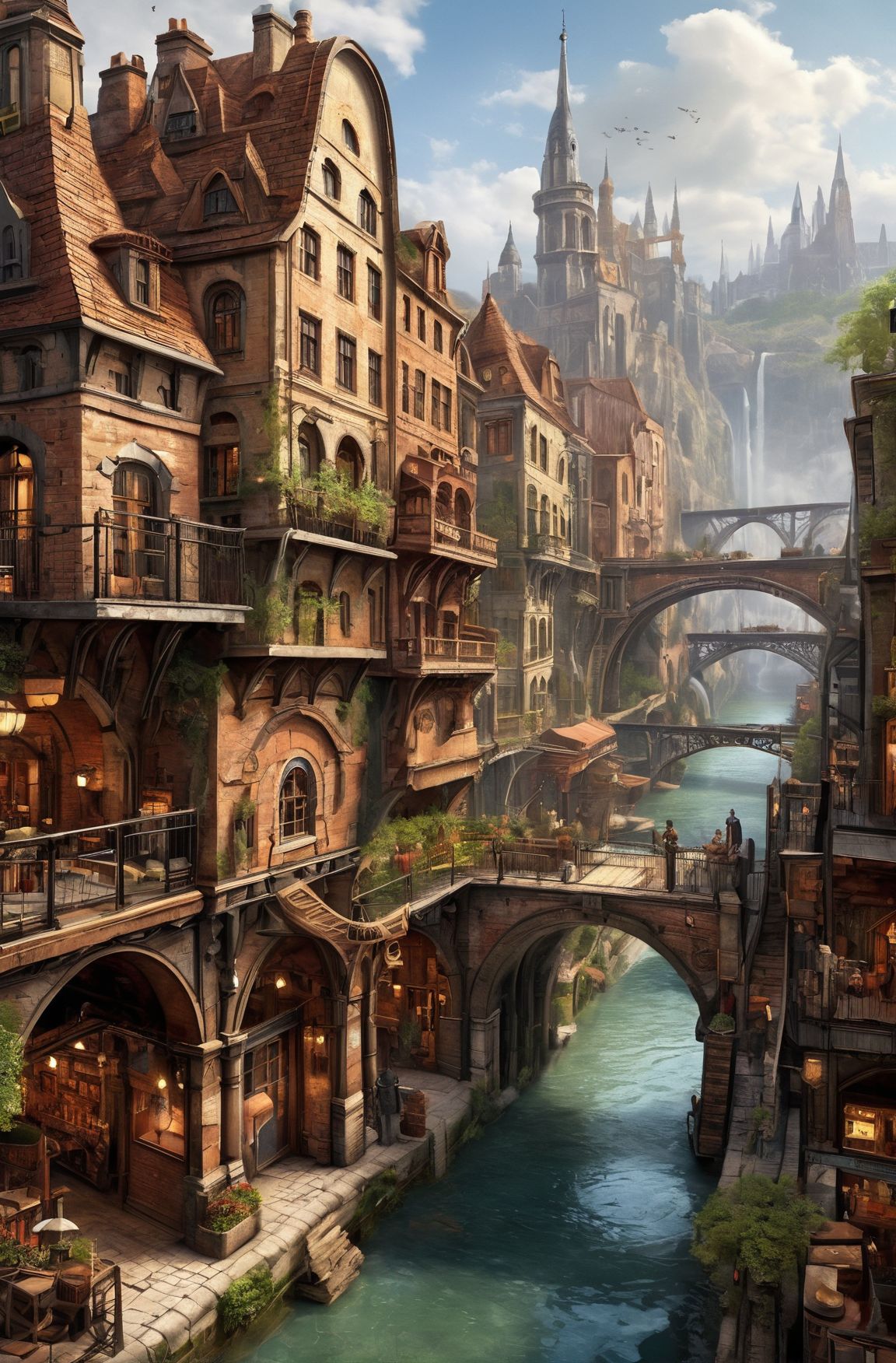 ((masterpiece)),((best quality)),((high detial)),((realistic,)) Industrial age city, deep canyons in the middle, architect...