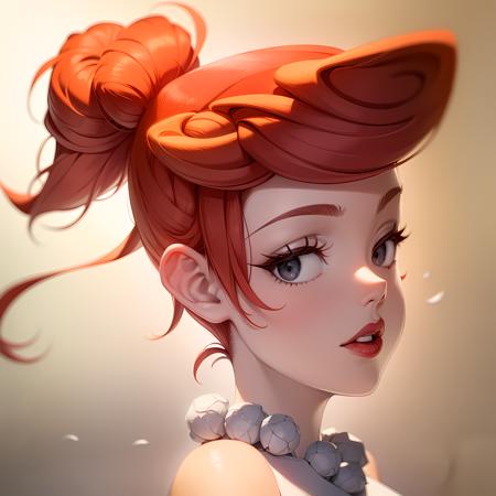 ((masterpiece, best quality)),(complex lighting) ,upper body, solo, Wilma flintstone, red hair, ponytail, <lora:Wilma_Flintstone1-0608:0.6>,white dress, pearl necklace, lipstick, gradient background, looking at viewer,