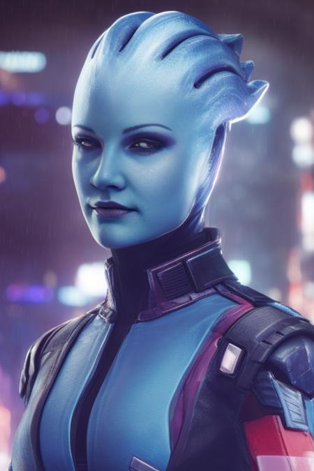 woman, asari, close up, action pose, sci-fi complex clothes, cyberpunk, blue_skin, cyberpunk warehouse, rain, looking into the camera, hair flying, (anime), (illustration), cartoon, detailed