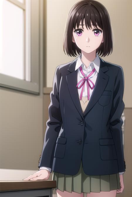 ichikaarima, <lora:ichika arima s1-lora-nochekaiser:1>,
ichika arima, short hair, brown hair, (pink eyes:1.3),
BREAK skirt, shirt, long sleeves, ribbon, school uniform, jacket, white shirt, pleated skirt, socks, collared shirt, red ribbon, kneehighs, neck ribbon, blazer, green skirt, black socks,
BREAK indoors, classroom,
BREAK looking at viewer, (cowboy shot:1.5),
BREAK <lyco:GoodHands-beta2:1>, (masterpiece:1.2), best quality, high resolution, unity 8k wallpaper, (illustration:0.8), (beautiful detailed eyes:1.6), extremely detailed face, perfect lighting, extremely detailed CG, (perfect hands, perfect anatomy),