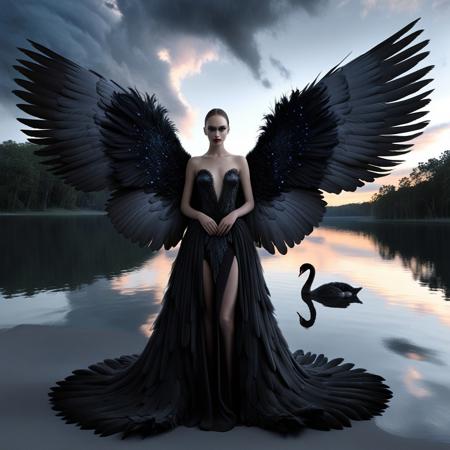 A surrealistic portrait features a young woman with large, 
symmetrical wings that transition from grayish-black at the tips to black at the bases. The wings are intricately feathered, 
creating a realistic appearance with layered texture. She has a neutral expression with slightly parted lips, 
and is looking directly at the viewer. She wears an elegant black dress. In her arms, 
she gently holds a elegant Black Swan, 
with intricate feather detailing. The background consists of a cloudy sky with shades of gray, 
white, 
and blue, 
transitioning from darker tones at the top to lighter hues towards the bottom, 
suggesting dusk or dawn. A lake landscape is visible at the base of the sky. The lighting is soft and diffused, 
illuminating the subject evenly without harsh shadows, 
enhancing the mysterious and otherworldly mood of the scene. The overall composition centers on the woman and the Black Swan, 
creating a striking visual contrast between the human figure and the avian element. Mystical, 
award-winning photograph, 
breathtaking beauty, 
gallery worthy.