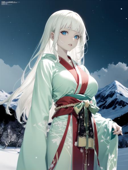 absurdres, highres, ultra detailed, megami magazine, night sky, cowboy shot, mountain, cloudy sky,
1girl, white hair, blunt bangs, long hair, blue eyes, kimono, japanese clothes, glowing eyes, aura, pale skin, looking at viewer, standing, large breasts, snowing, wind, blizzard,
<lyco:envybetterhandsLocon_beta2:1.0> <lora:flat2:-0.6> <lora:flatBG:1>  <lora:Creversal_Both22222_8:1>