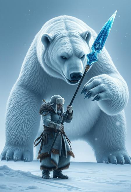 "Image of a snow spirit, a great hunter, standing tall and readying their massive spear to defend against a giant ravenous snow bear. The tip of the spear is made of magic blue ice, glowing with an otherworldly energy. The snow bear looms over the hunter, its eyes fixed on its prey, its massive paws raised and ready to strike. The hunter's face is set in a determined expression, their eyes locked on the bear as they prepare to face the attack. The snow-covered landscape stretches out behind them, with snowflakes gently falling around the scene. Style: dramatic, intense, and mystical, with a focus on capturing the hunter's bravery and the bear's ferocity." Absurdres Highest-Quality, 4k