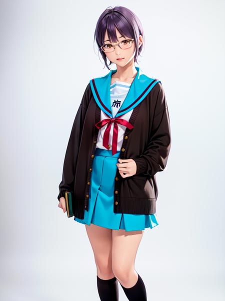 masterpiece, best quality, ultra-detailed, illustration,
kita high school uniform, 1girl, school uniform, solo, nagato yuki, serafuku, skirt, winter uniform, sailor collar, blue sailor collar, short hair, blue skirt, cardigan, purple hair, glasses, open clothes, open cardigan, socks, shoes, red ribbon, kneehighs, brown eyes, ribbon, holding book, full body, brown cardigan, long sleeves, simple background, white background, 
 <lora:kitakouseifuku:0.8>